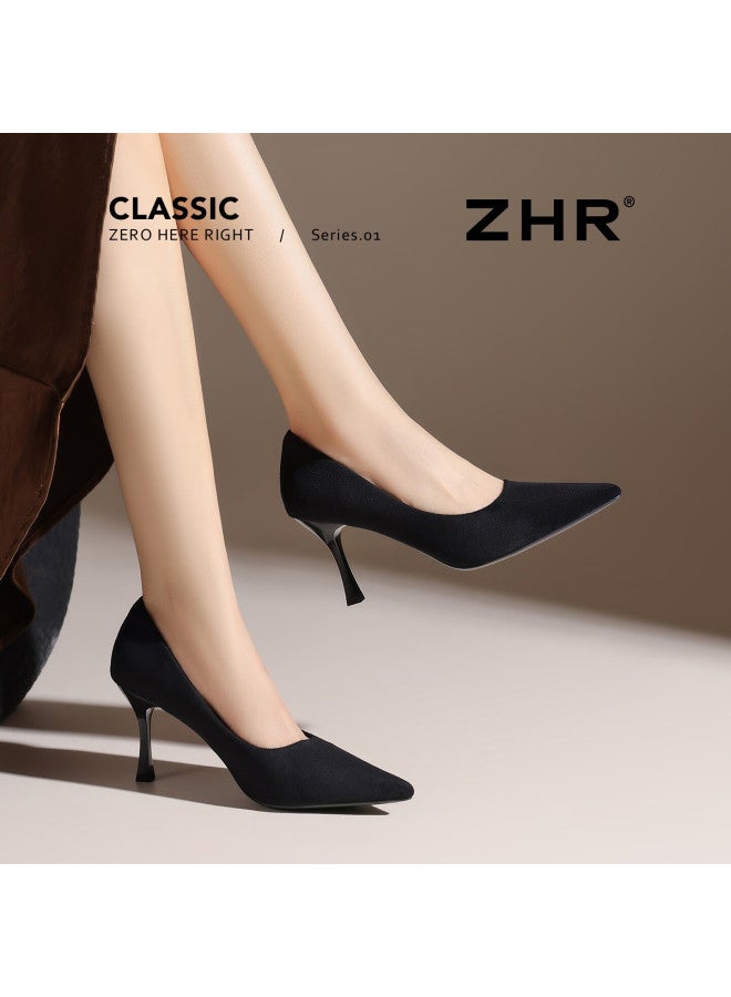 Zhr Zese Suede High Heels Women  New French Style Pointed Toe Solid Color Work Leather Shoes Bq117f Black Size 39 - Image 1