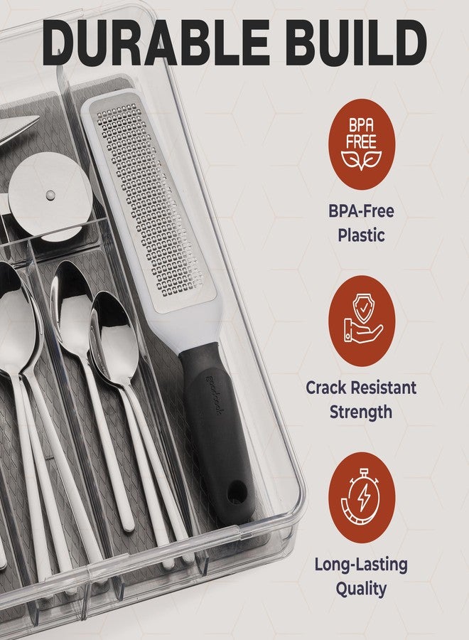 Masirs Expandable Utensil Drawer Organizer - Large Clear Plastic Silverware Cutlery Tray with Multiple Compartments - Durable Non-Slip Kitchen Bathroom Office Storage Solution for Many Size Drawers (Grey) - Image 4