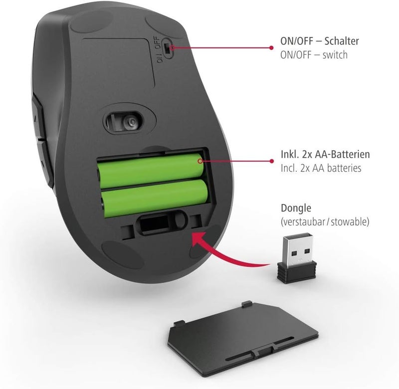Hama Left-Handed Riano Ergonomic Wireless Mouse 2.4GHz, 1600 DPI Mouse for Left Hand, USB Receiver, Anti-Slip Grip for PC/Laptop Windows - Black - Image 4
