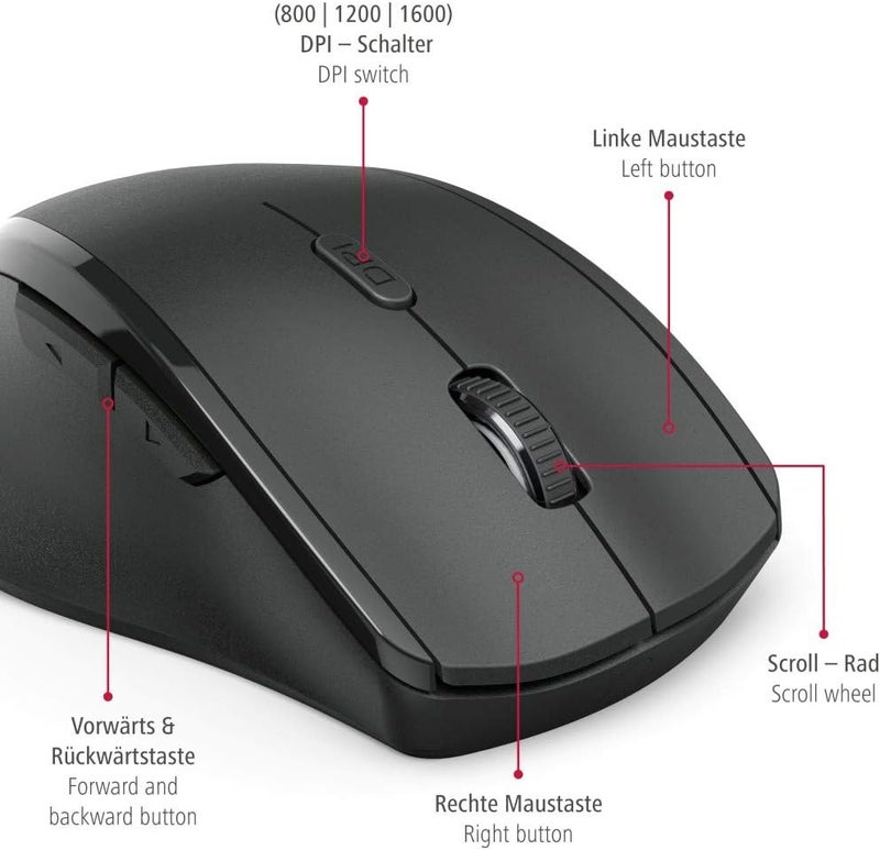 Hama Left-Handed Riano Ergonomic Wireless Mouse 2.4GHz, 1600 DPI Mouse for Left Hand, USB Receiver, Anti-Slip Grip for PC/Laptop Windows - Black - Image 3