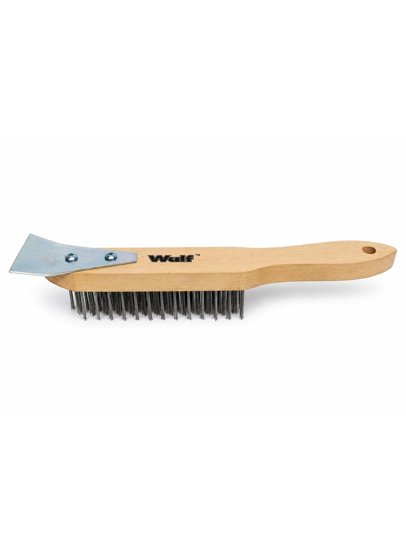 WULF 4 Row Steel Wire Brush with Scraper, Heavy Duty Wooden Handle Cleaning Brush for Rust Removal, Paint Stripping, Weld Cleaning & Metal Surface Preparation
