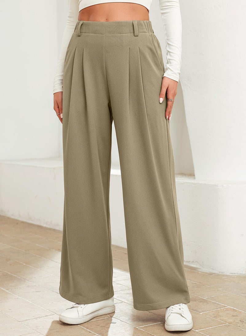 EVALESS Women's Wide Leg Pants High Waisted Office Business Casual Dressy Trousers Ladies Plain Comfy Waffle Knit Lounge Pants with Pockets Taupe X-Large - Image 3