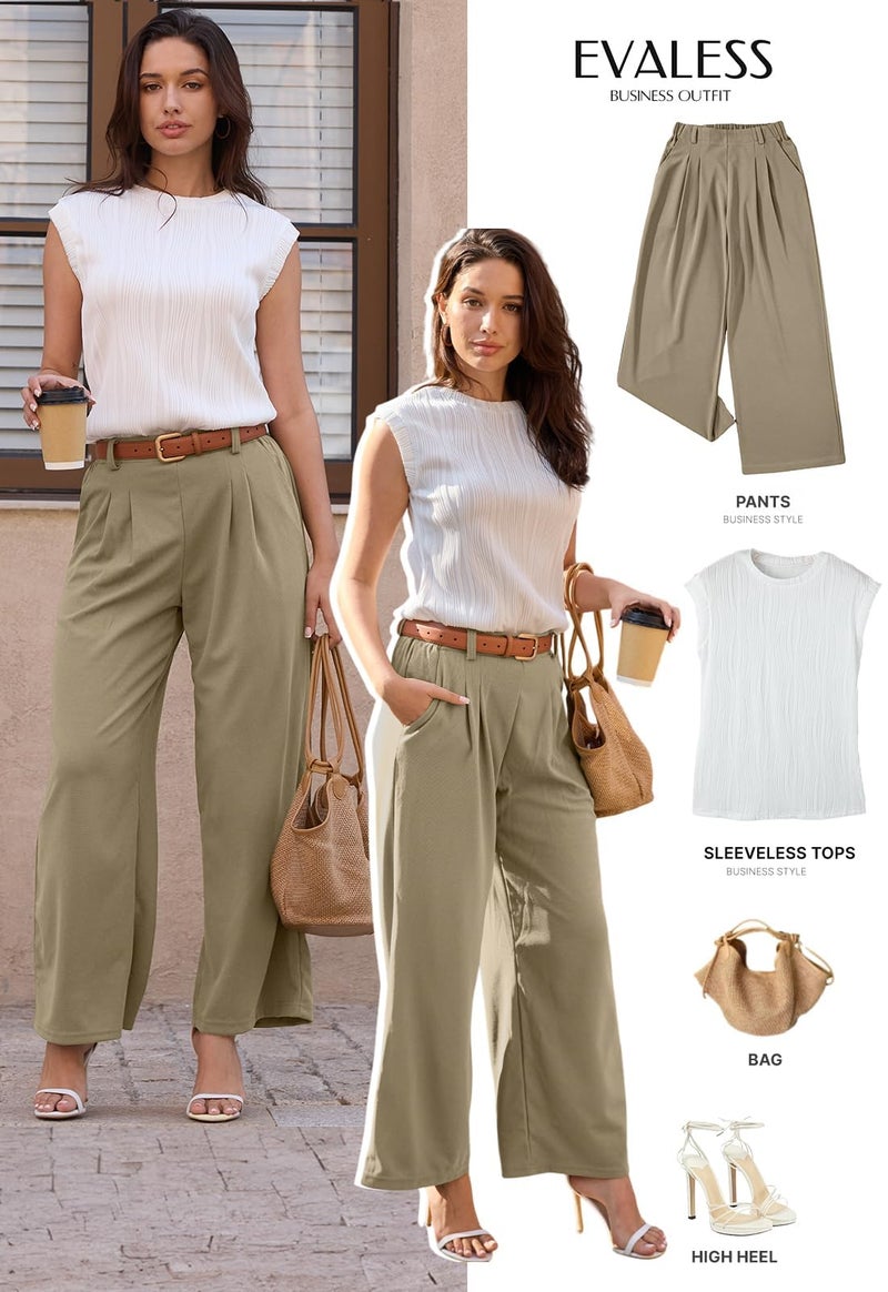 EVALESS Women's Wide Leg Pants High Waisted Office Business Casual Dressy Trousers Ladies Plain Comfy Waffle Knit Lounge Pants with Pockets Taupe X-Large - Image 4