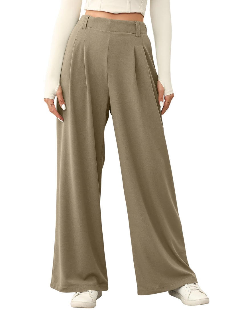 EVALESS Women's Wide Leg Pants High Waisted Office Business Casual Dressy Trousers Ladies Plain Comfy Waffle Knit Lounge Pants with Pockets Taupe X-Large - Image 1