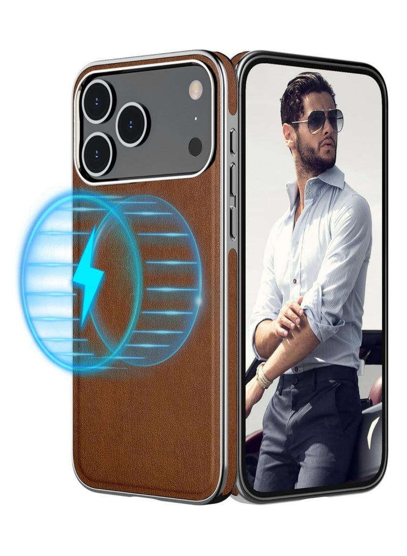 Aookay for iPhone 17 Pro Case Compatible with Magsafe, Electroplated Premium Leather with Microfiber Lining Business Classic Cover Soft Grip Shockproof Magnetic Case (Brown, iPhone 17 Pro) - Image 1