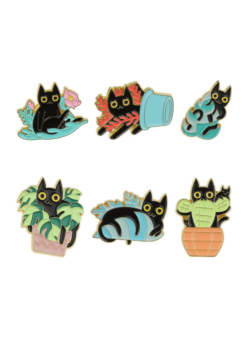 SOLARAE دبابيس مينا قطة لطيفة، 6 قطع من القطط الكرتونية المخفية في نباتات مزروعة دبابيس بروش لحقيبة الظهر دبابيس طية صدر السترة لوازم أنمي قطة سوداء شارات بانك زر للرجال والنساء للسترات والملابس والحقائب والقبعات والجينز - Image 1