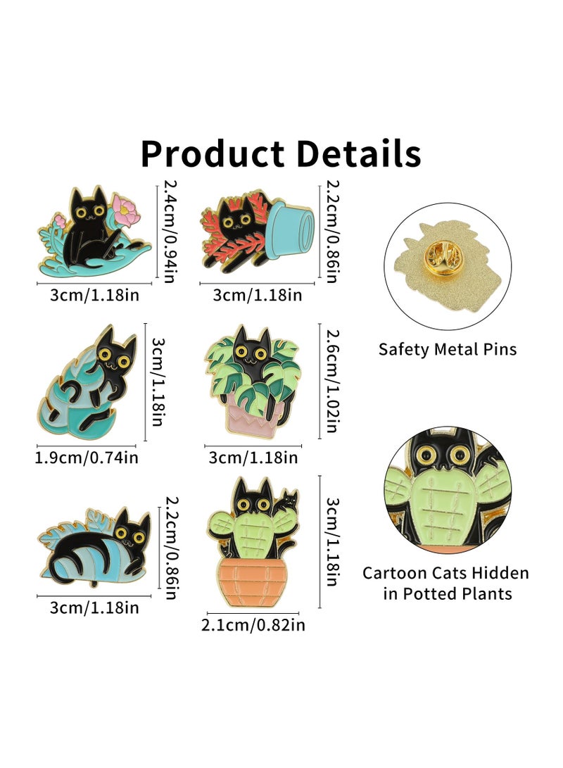 SOLARAE دبابيس مينا قطة لطيفة، 6 قطع من القطط الكرتونية المخفية في نباتات مزروعة دبابيس بروش لحقيبة الظهر دبابيس طية صدر السترة لوازم أنمي قطة سوداء شارات بانك زر للرجال والنساء للسترات والملابس والحقائب والقبعات والجينز - Image 2