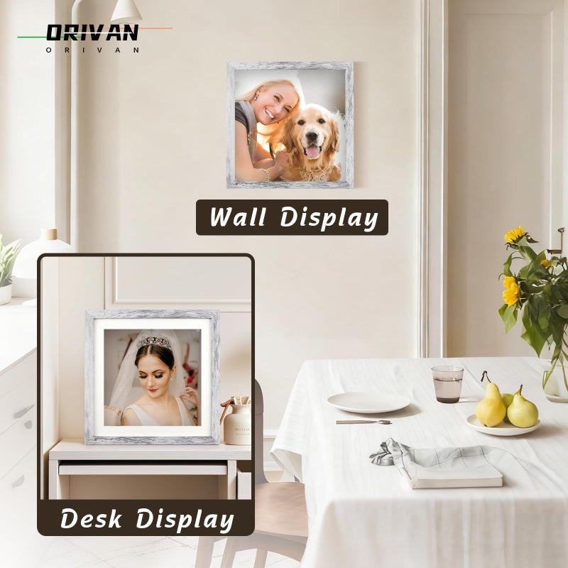 ORIVAN 10x10 Picture Frame Wood Display Picture 8x8 with Mat or 10x10 without Mat Distressed White Square Photo Frame for Wall and Tabletop Decoration - Image 3