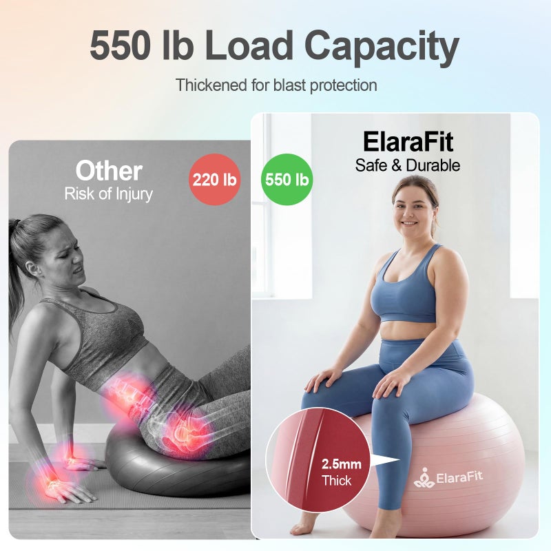 ElaraFit Anti Burst Large Exercise Ball for Yoga Non Slip Pilates Ball with Pump 550 lbs Capacity for Pregnancy, Fitness Size L 23 to 26 inches, About 58 to 65cm (Pink) - Image 4