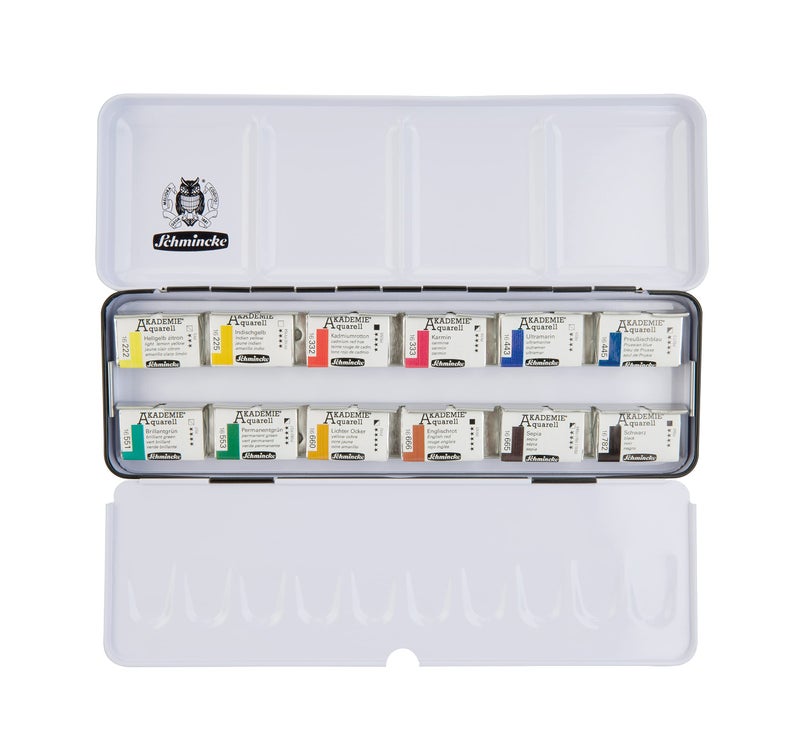 Schmincke AKADEMIE Watercolor Paint Box Basic Assortment 12 x 11 Pans 75 312 097 Metal Box Highly lightfast Colors fine Artists Watercolors