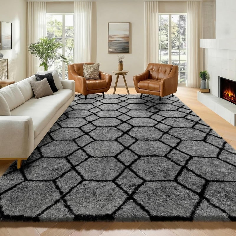 ONASAR 7x9 Area Rugs for Living Room Bedroom, Large Fluffy Grey and Black Throw Rug, Geometric Soft Plush Shaggy Floor Carpet for Nursery Kids Girls Boys Teen Dorm Home Decor Aesthetic - Image 1