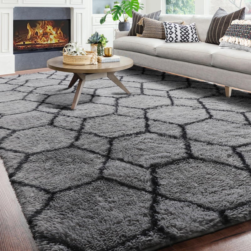ONASAR 7x9 Area Rugs for Living Room Bedroom, Large Fluffy Grey and Black Throw Rug, Geometric Soft Plush Shaggy Floor Carpet for Nursery Kids Girls Boys Teen Dorm Home Decor Aesthetic - Image 2