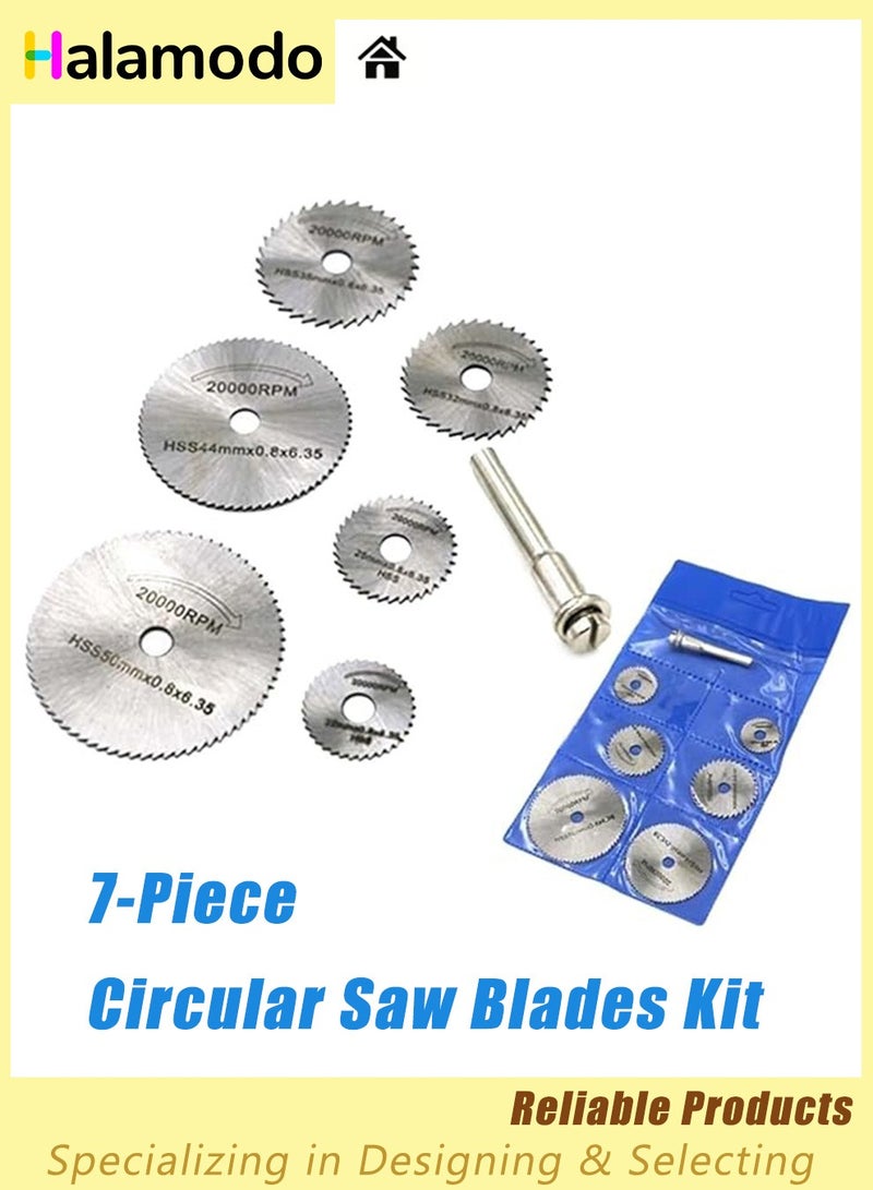 7Pcs HSS Rotary Blades Cutting Discs,  Circular Saw Blades, with Mandrel Cut-Off Circular Saw, Circular Saw Blades Kit Silver, Electric Grinding Tool Accessories - Image 1
