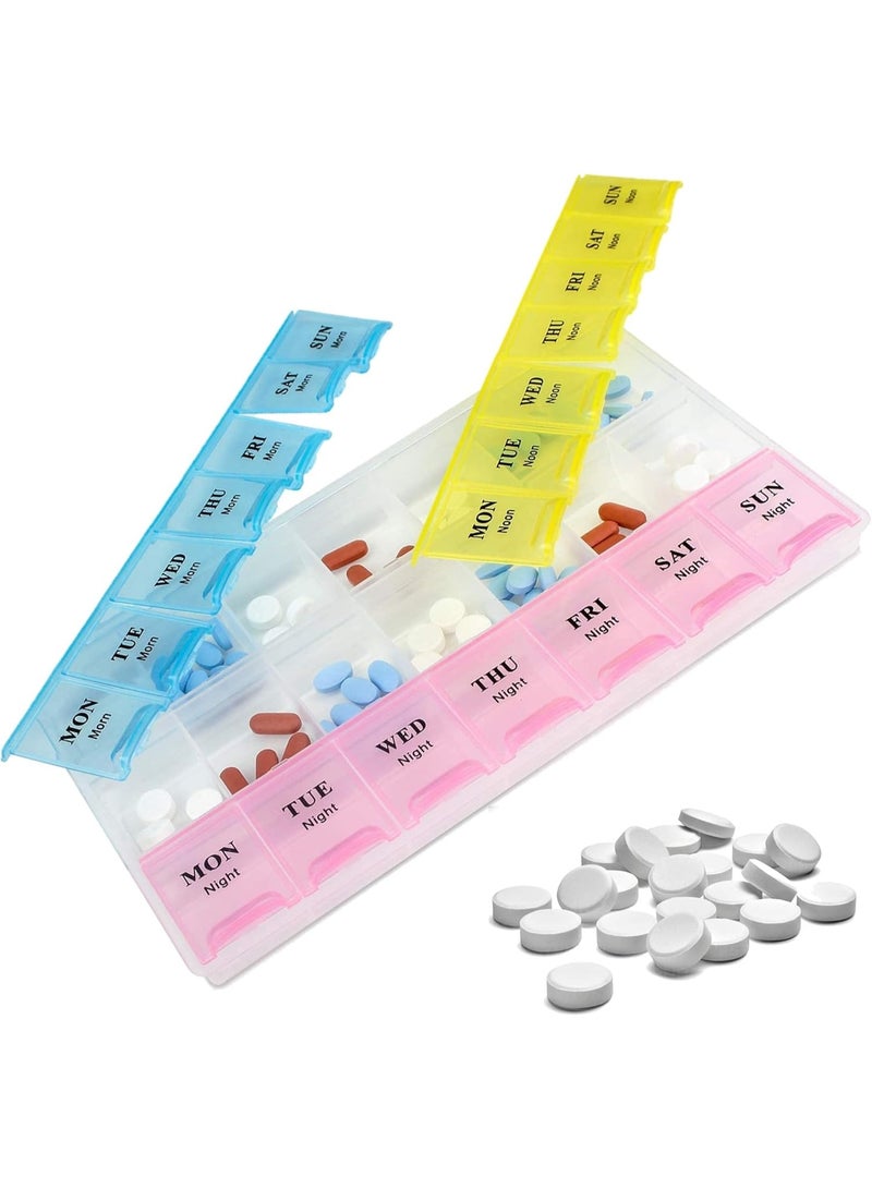 منظم حبوب كبير لمدة 7 أيام - علبة حبوب أسبوعية صباحية ومسائية للفيتامينات والمكملات الغذائية والأدوية، 3 أقسام للاستخدام اليومي، تصميم مناسب للسفر وسهل الفتح - Image 1