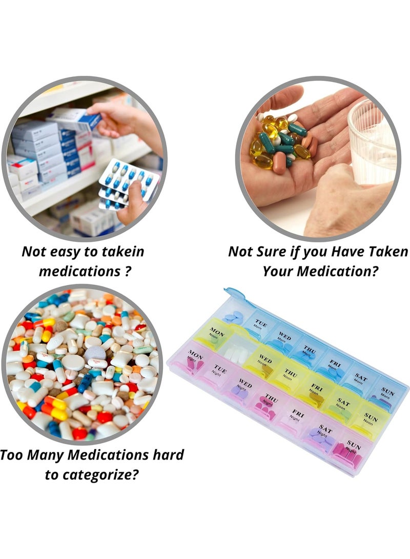 منظم حبوب كبير لمدة 7 أيام - علبة حبوب أسبوعية صباحية ومسائية للفيتامينات والمكملات الغذائية والأدوية، 3 أقسام للاستخدام اليومي، تصميم مناسب للسفر وسهل الفتح - Image 2