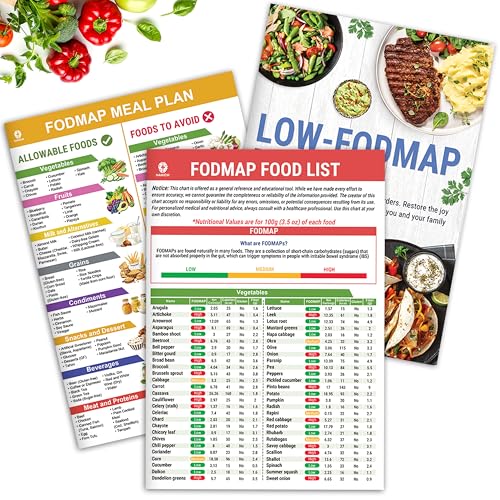 HAMIEW Set 3 Low FODMAP Food List Chart & Meal Plan for IBS, SIBO, Bloating – Laminated Diet Guide w/Serving Size, Net Carbs, Calories, Gluten, Fiber – Elimination Diet Recipes for Beginners - Image 1