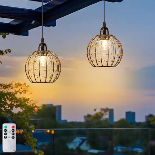 TWINKVILLA Hanging Pendant Lights, Battery Operated Outdoor Chandelier with Warm White LED Bulb for Patio Tree Pergola Gazebo Porch (Beaded Ball-G50-2PK) - Image 1