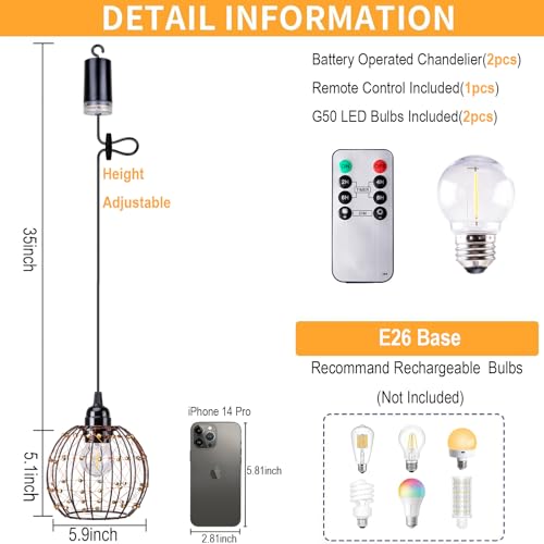 TWINKVILLA Hanging Pendant Lights, Battery Operated Outdoor Chandelier with Warm White LED Bulb for Patio Tree Pergola Gazebo Porch (Beaded Ball-G50-2PK) - Image 5
