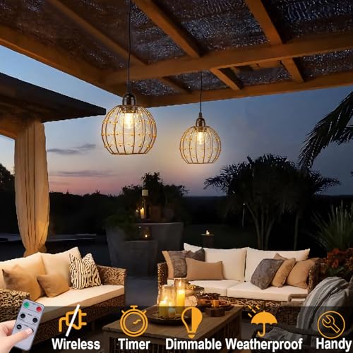 TWINKVILLA Hanging Pendant Lights, Battery Operated Outdoor Chandelier with Warm White LED Bulb for Patio Tree Pergola Gazebo Porch (Beaded Ball-G50-2PK) - Image 2