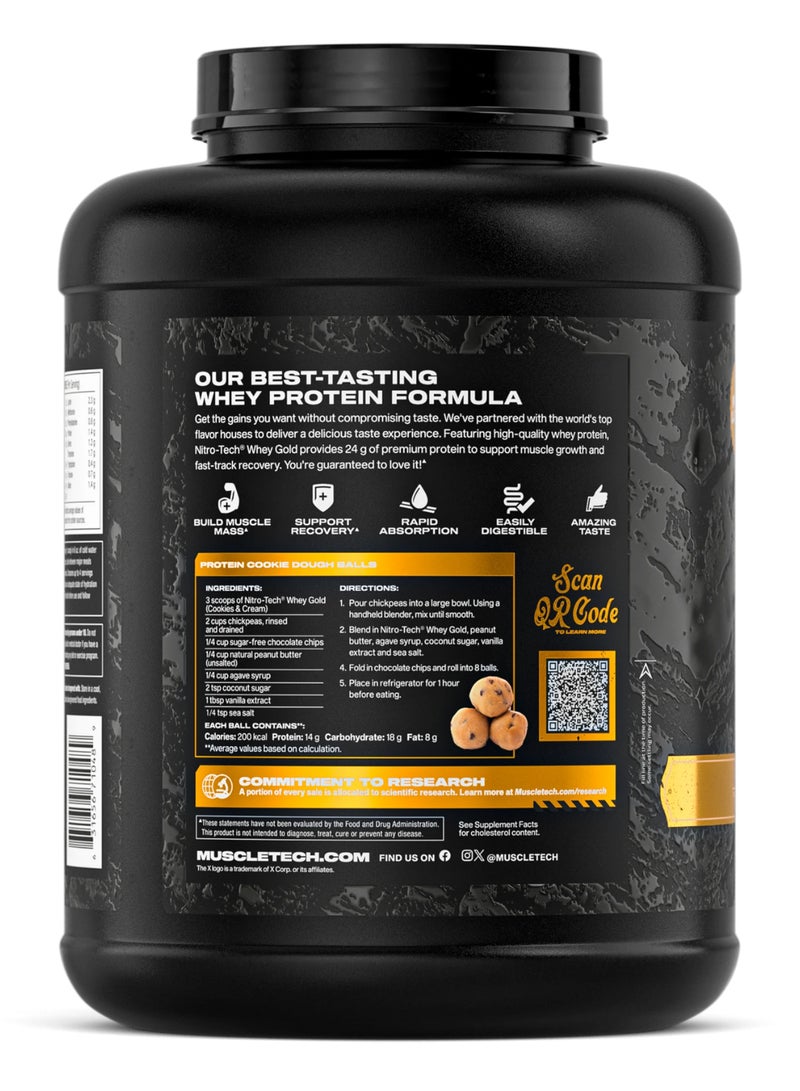 MuscleTech Nitro-Tech Whey Gold Gourmet Whey Protein Powder, Cookies & Cream Flavor, 24g Protein and 5.4g BCAAs for Muscle Recovery and Growth, 5.02 lbs (2.28 kg). - Image 3