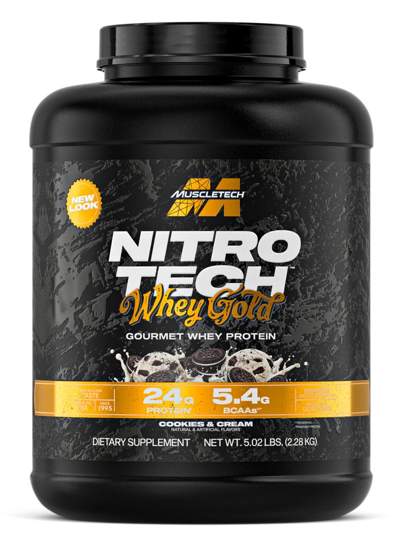 MuscleTech Nitro-Tech Whey Gold Gourmet Whey Protein Powder, Cookies & Cream Flavor, 24g Protein and 5.4g BCAAs for Muscle Recovery and Growth, 5.02 lbs (2.28 kg). - Image 1