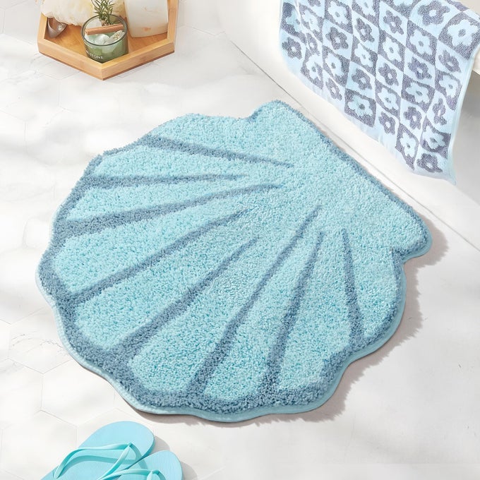SEASHELL BATHROOM RUGS AND MAT CUTE BEACH BATH MAT FOR CARTOON SEA BATHROOM DECOR AQUA BLUE BATH RUGS PLUSH NONSLIP FOOT MAT ABSORBENT BATHTUB RUG WASHABLE
