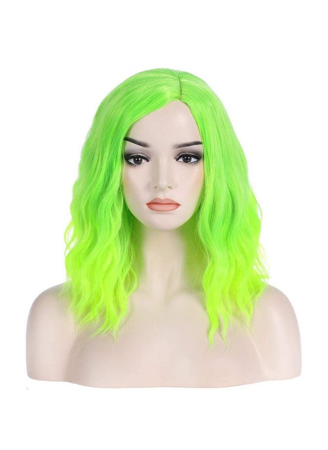 BERON Short Curly Bob Wig Charming Women Girls Beach Wave Wigs For Cosplay Costume Party Wig Cap Included (Bright Green)  - Image 2
