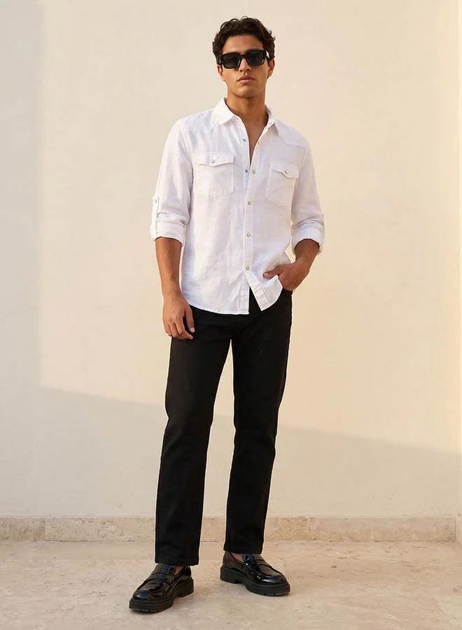 Lee Cooper WHITE Lee Cooper Men Regular Fit Collared Long Sleeves Linen Shirt for Men | Best Price UAE