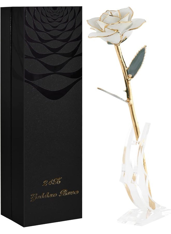 SW White Gold Rose Gifts for Women Wife24k Gold Dipped Real Rose Lasted Forever with Stand for HerChristmasValentines Day Mothers Day Birthday - Image 2
