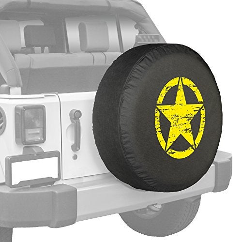 Boomerang غطاء إطار احتياطي أوسكار مايك 30" - (فينيل دنيم أسود) - طباعة صفراء - صنع في الولايات المتحدة الأمريكية - جيب رانجلر JK - Image 1