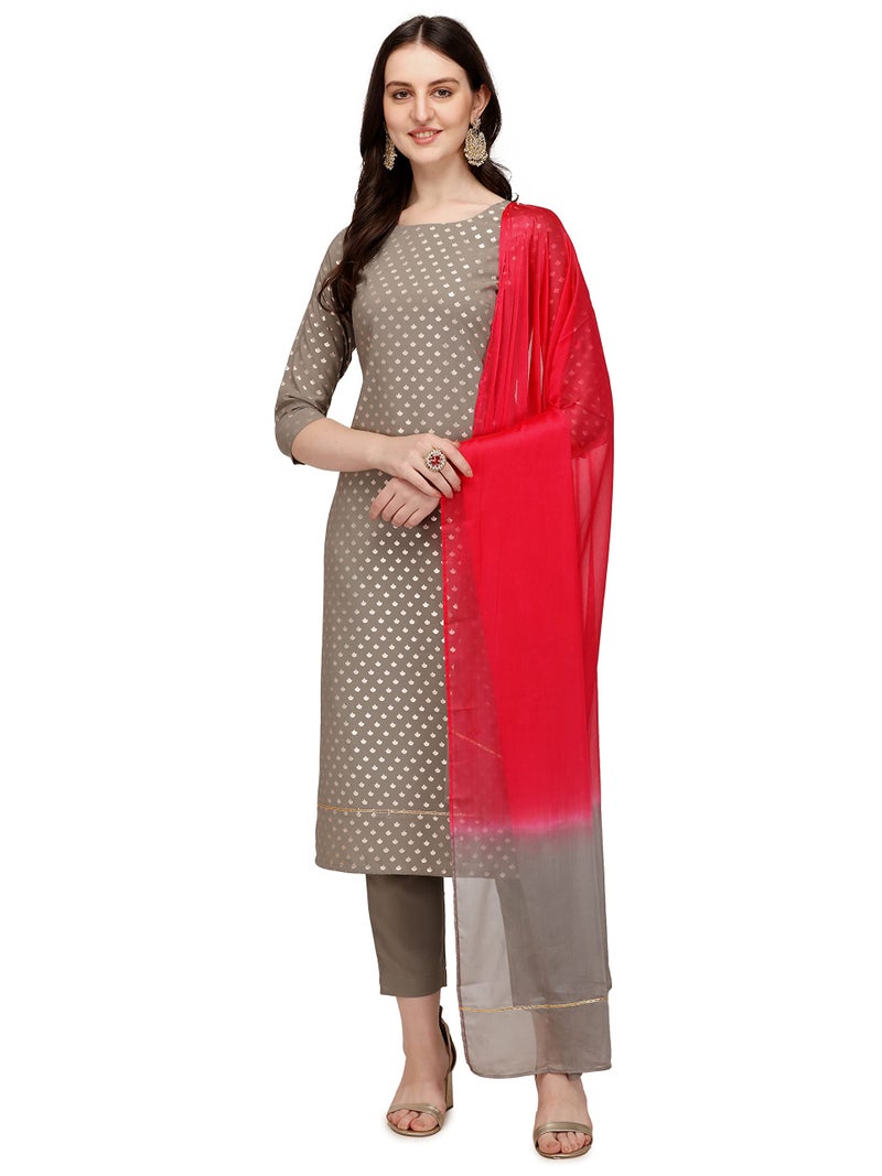 FIORRA Women's Grey Poly Crepe Straight Kurta with Pant and Dupatta SET0034-M - Image 1