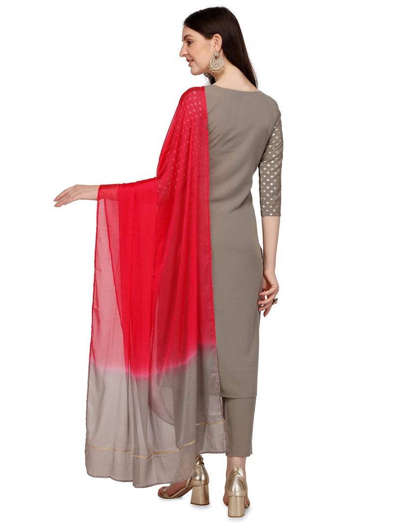 FIORRA Women's Grey Poly Crepe Straight Kurta with Pant and Dupatta SET0034-M - Image 3