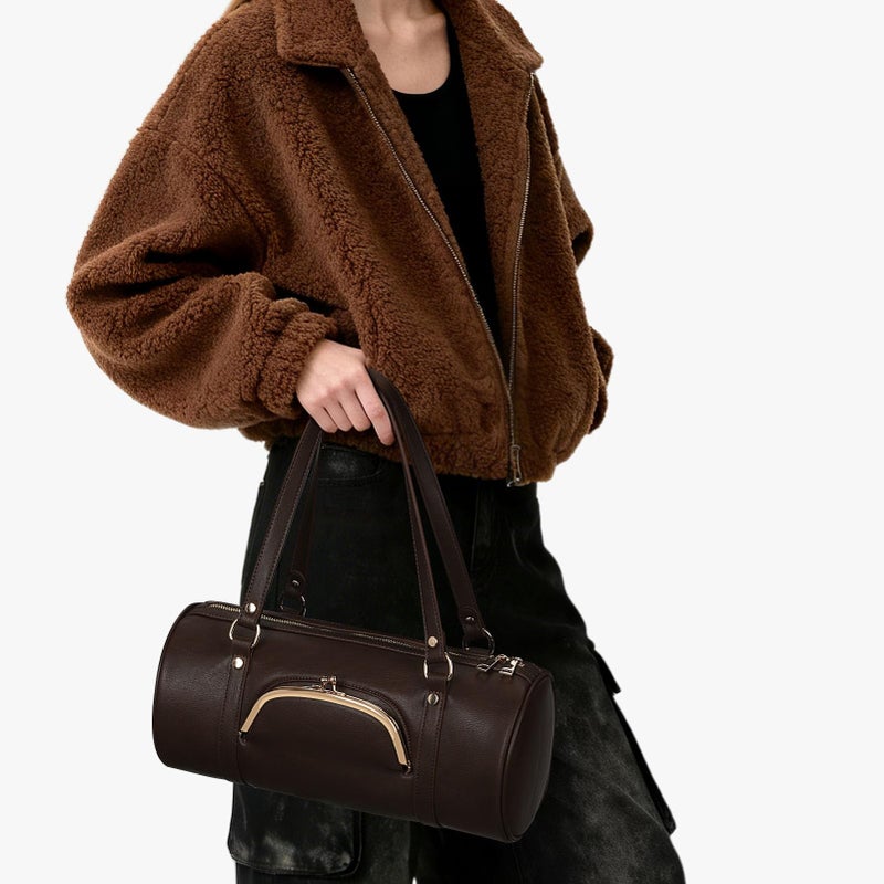 CATSEA Kisslock Barrel Bag Designer Shoulder Bag for Women,Pu Leather Boston Handbag Retro Y2k Bags Tote Purses - Image 2