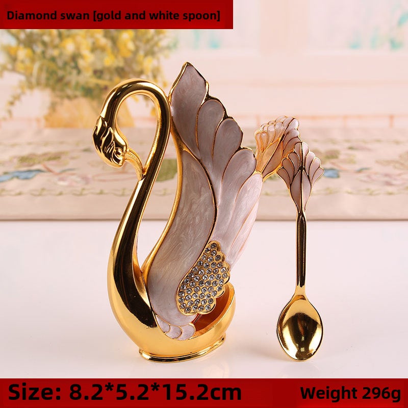 Household Creative Fruit Fork Cute Dessert Cake Fork European Style High-end Coffee Spoon Light Luxury Salad Spoon Set(Point Drill Swan [Golden White Spoon]]) - Image 1