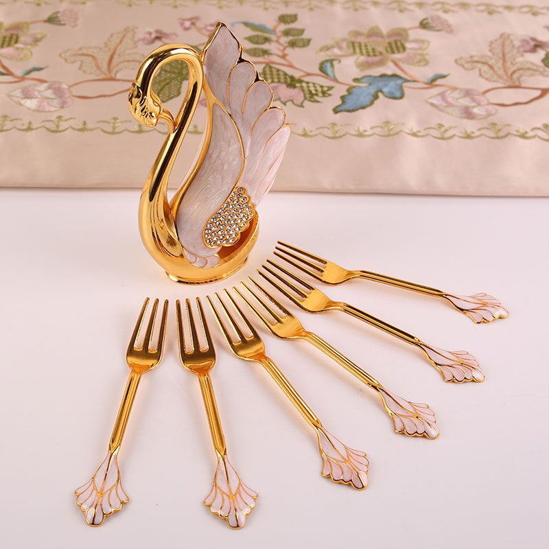 Household Creative Fruit Fork Cute Dessert Cake Fork European Style High-end Coffee Spoon Light Luxury Salad Spoon Set(Point Drill Swan [Golden White Spoon]]) - Image 4