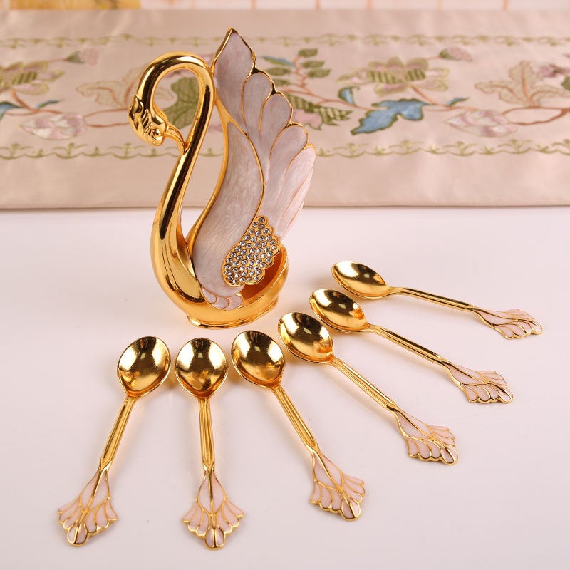 Household Creative Fruit Fork Cute Dessert Cake Fork European Style High-end Coffee Spoon Light Luxury Salad Spoon Set(Point Drill Swan [Golden White Spoon]]) - Image 3