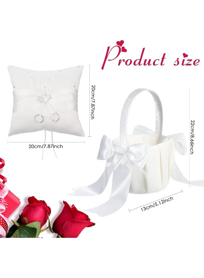 Treela Treela White Flower Girl Basket and Ring Bearer Pillow Set Rhinestones Satin Wedding Ring Pillow Wedding Flower Baskets for Wedding Gift Anniversary Celebrations Party Decoration  - Image 2