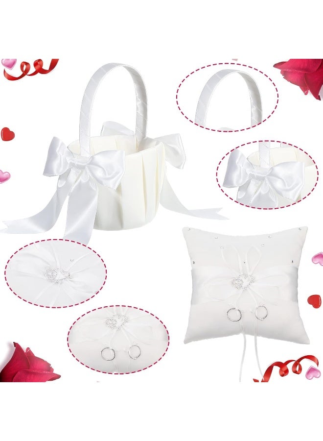 Treela Treela White Flower Girl Basket and Ring Bearer Pillow Set Rhinestones Satin Wedding Ring Pillow Wedding Flower Baskets for Wedding Gift Anniversary Celebrations Party Decoration  - Image 3