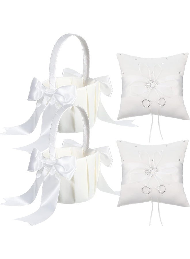 Treela Treela White Flower Girl Basket and Ring Bearer Pillow Set Rhinestones Satin Wedding Ring Pillow Wedding Flower Baskets for Wedding Gift Anniversary Celebrations Party Decoration  - Image 1