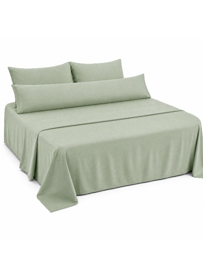 Ultra Soft 4-Piece Bed Sheet Set – Flat Sheet with Long Pillow Cover & 2 Pillowcases – for 160 & 180 cm Bed Soft Cotton Blend Bedding Set – Mint Green
