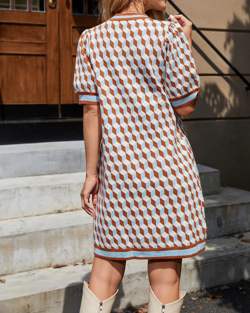 Kedera Women's Short Sleeve Sweater Dress Crewneck Knitted Summer Mini Plaid Dresses Old Money Holiday Party Outfits Brown - Image 2
