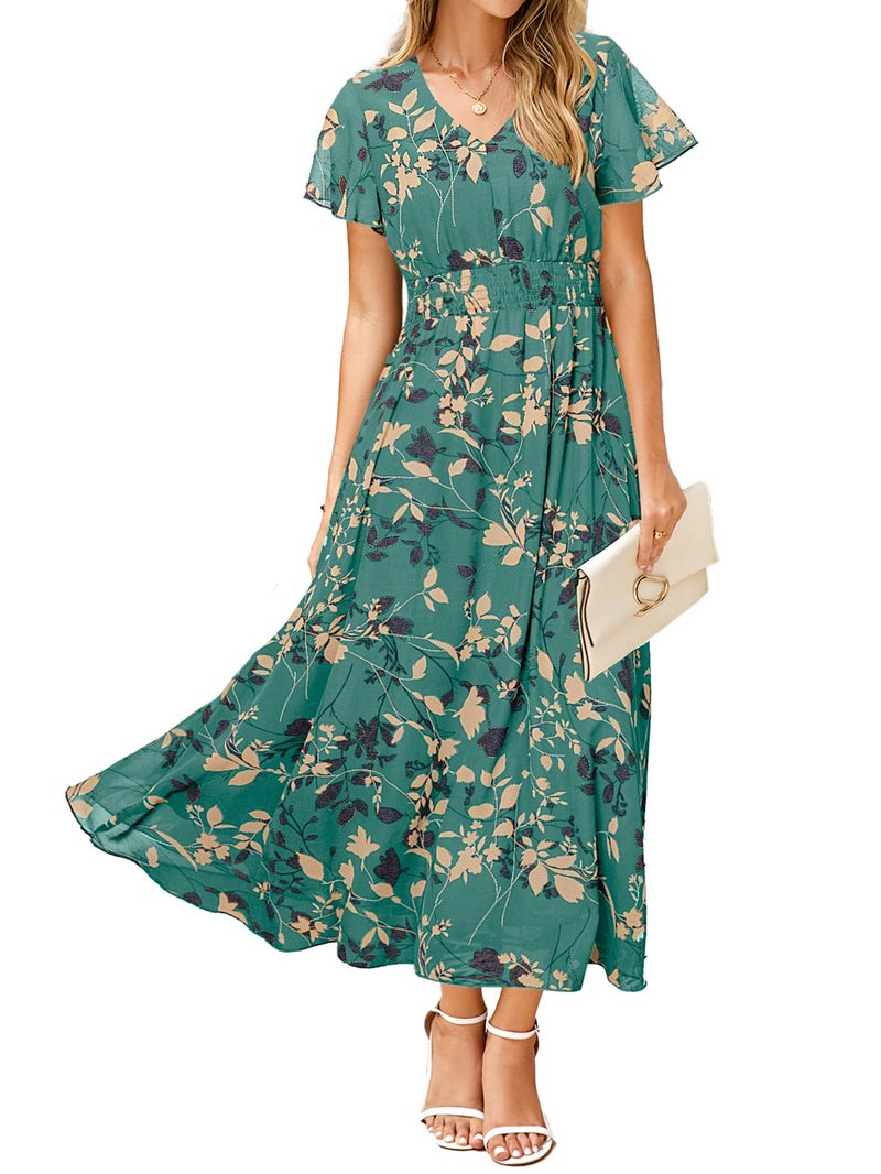 Simplee Apparel Simplee Womens Floral Maxi Dress - Short Sleeve Summer Boho Wedding Guest Dress Empire Waist Chiffon Modest Midi Dresses Lake Blue,XL - Image 1