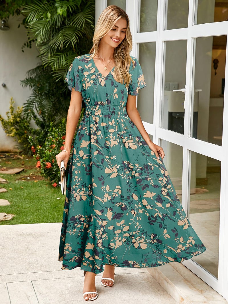 Simplee Apparel Simplee Womens Floral Maxi Dress - Short Sleeve Summer Boho Wedding Guest Dress Empire Waist Chiffon Modest Midi Dresses Lake Blue,XL - Image 5