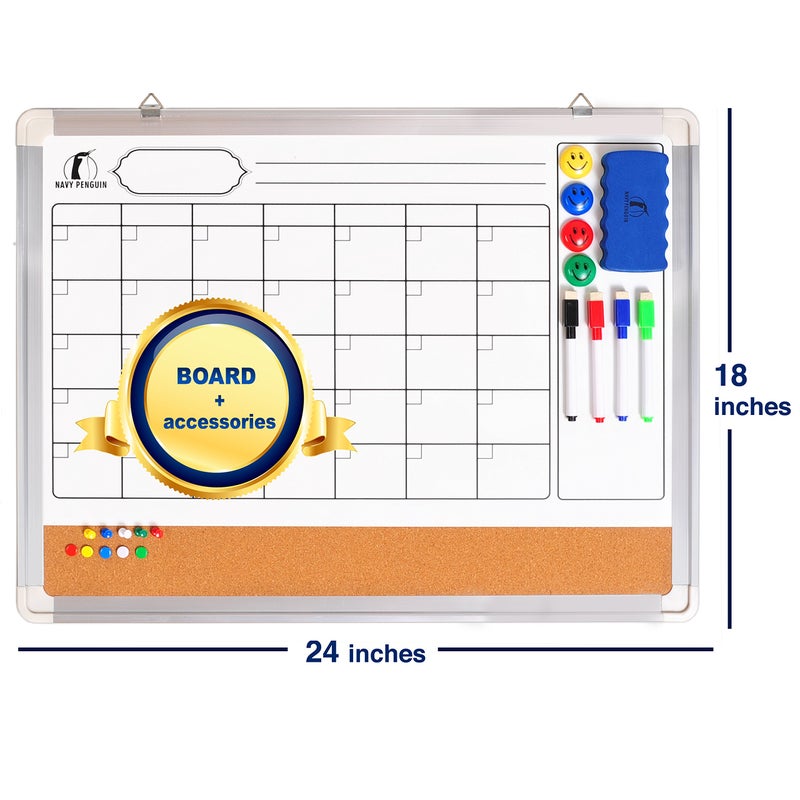 Navy Penguin Whiteboard Calendar Dry Erase for Wall - 24 x 18 in White Board Planner Monthly Magnetic with 1 Eraser, 4 Dry Wipe Markers, 4 Magnets and 10 Thumb Tacks - Wall Hanging Marker Board Month Calendar - Image 2