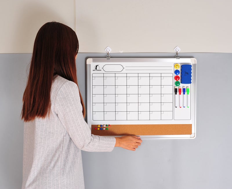 Navy Penguin Whiteboard Calendar Dry Erase for Wall - 24 x 18 in White Board Planner Monthly Magnetic with 1 Eraser, 4 Dry Wipe Markers, 4 Magnets and 10 Thumb Tacks - Wall Hanging Marker Board Month Calendar - Image 3