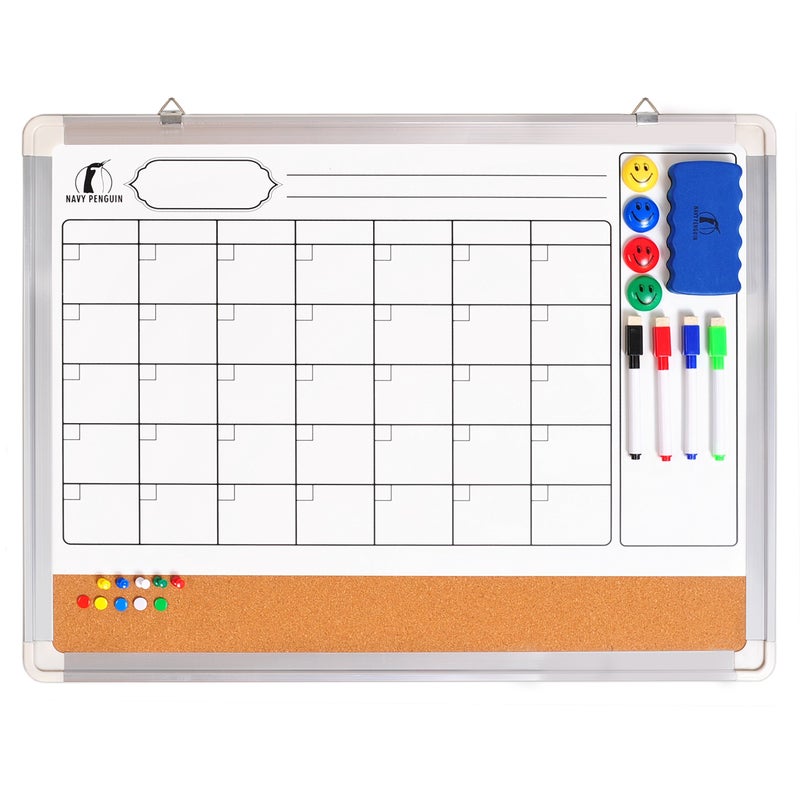 Navy Penguin Whiteboard Calendar Dry Erase for Wall - 24 x 18 in White Board Planner Monthly Magnetic with 1 Eraser, 4 Dry Wipe Markers, 4 Magnets and 10 Thumb Tacks - Wall Hanging Marker Board Month Calendar - Image 1