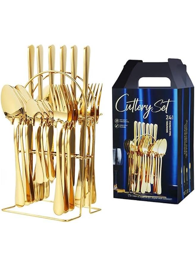 HOOKOR 24 Piece Silverware Set with Hanging holder,Stainless Steel Flatware Cutlery Set-Fork Spoon and Knife Service for 6,Kitchen Utensil Tableware Set,Mirror Polished,Dishwasher Safe (Gold)  - Image 1