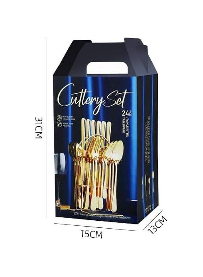 HOOKOR 24 Piece Silverware Set with Hanging holder,Stainless Steel Flatware Cutlery Set-Fork Spoon and Knife Service for 6,Kitchen Utensil Tableware Set,Mirror Polished,Dishwasher Safe (Gold)  - Image 4