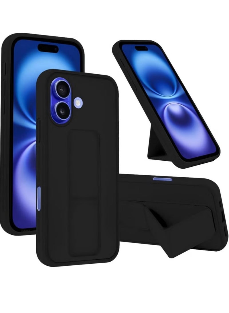 حافظة هاتف آيفون 16 بلس سوداء مع قاعدة مغناطيسية للسيارة - سيليكون فاخر مع حامل متعدد و حزام يد - Image 1