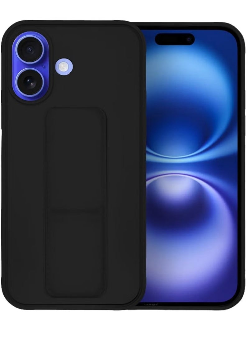 حافظة هاتف آيفون 16 بلس سوداء مع قاعدة مغناطيسية للسيارة - سيليكون فاخر مع حامل متعدد و حزام يد - Image 2